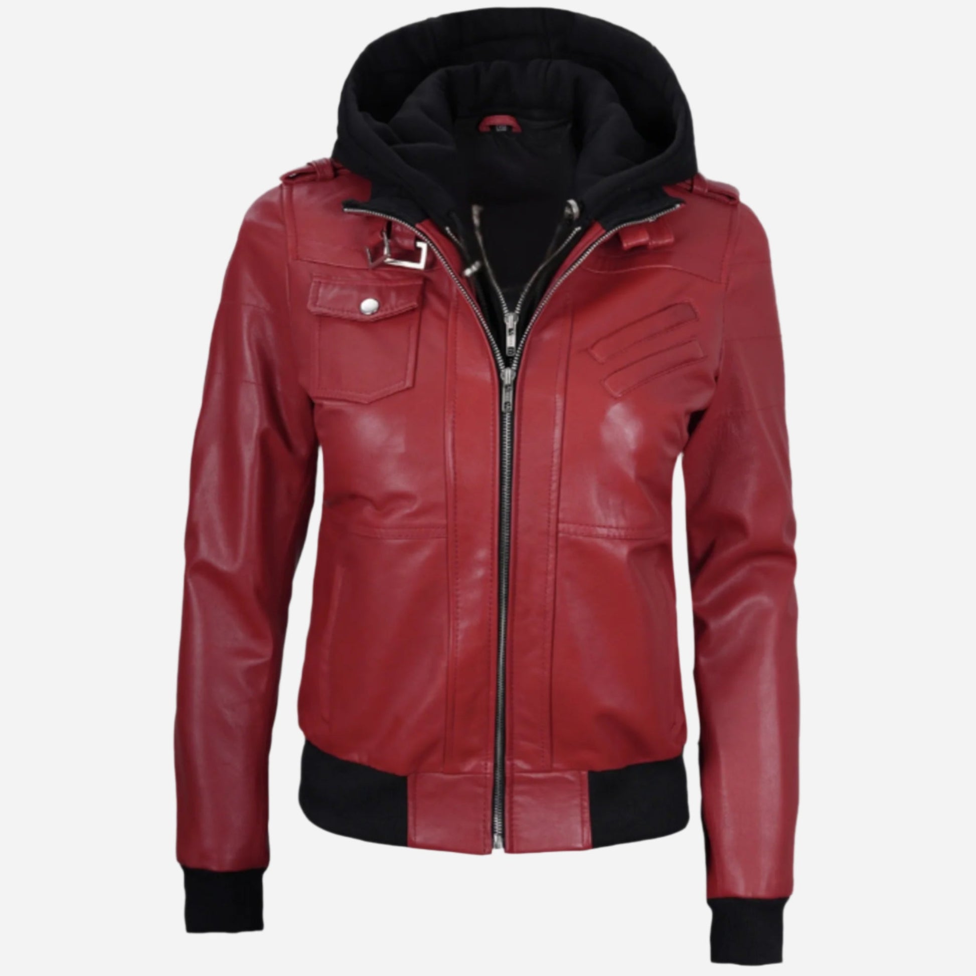 Womens Red Hooded Bomber Leather Jacket Verified Leather