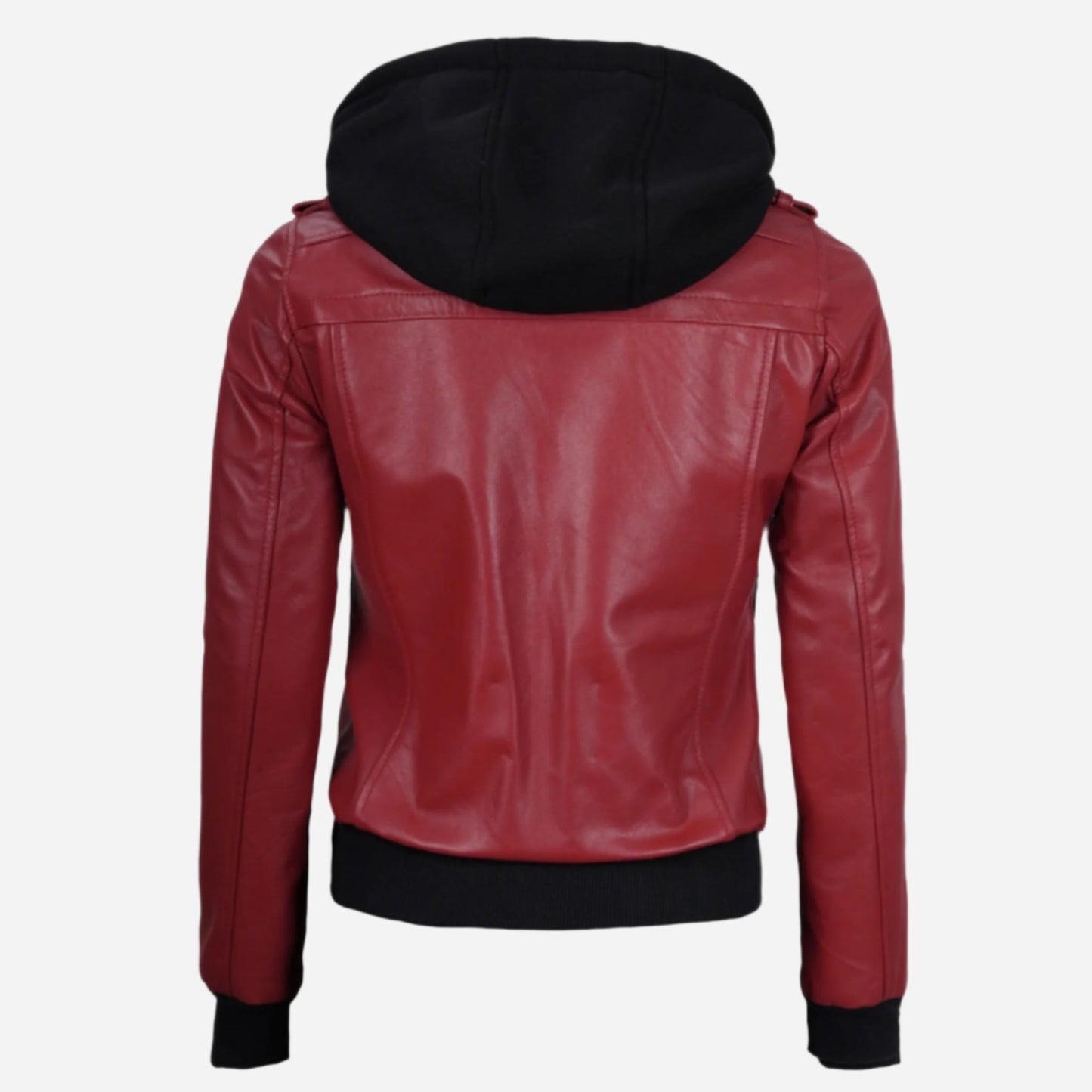 Womens Red Hooded Bomber Leather Jacket Verified Leather