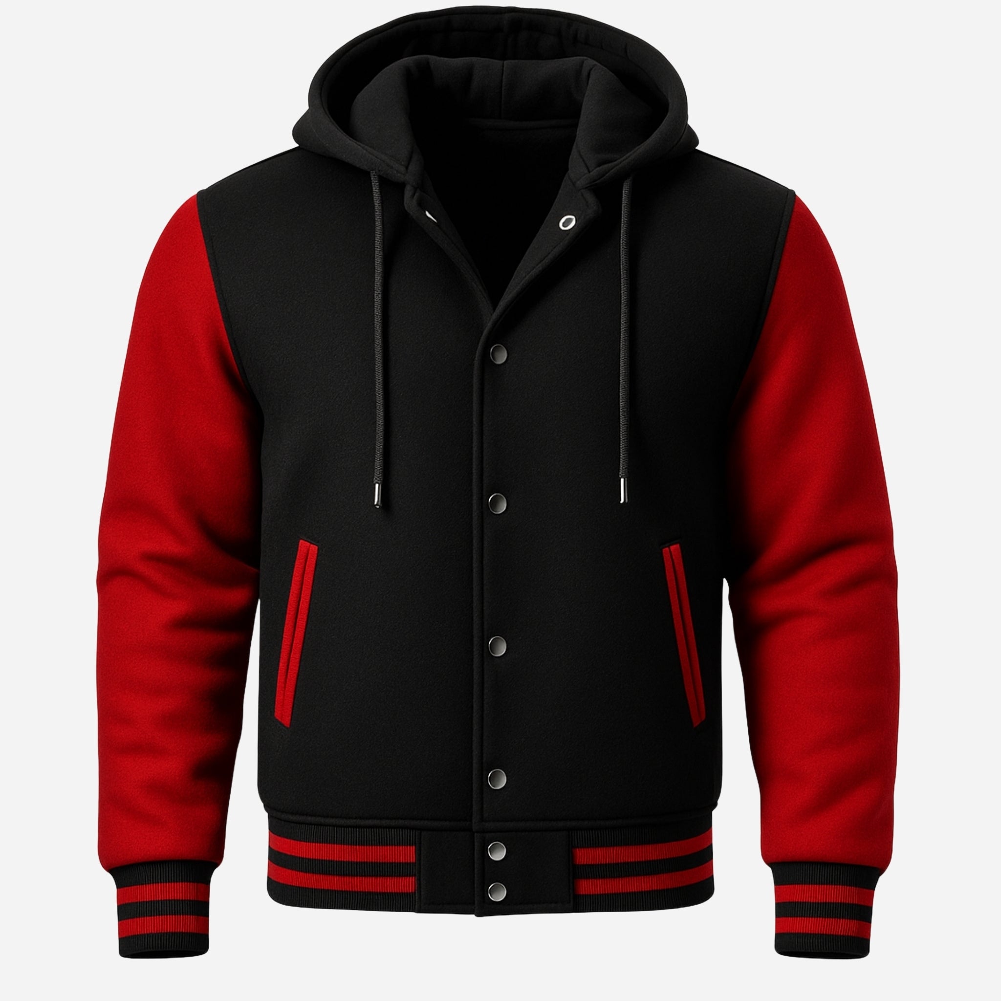 Men’s Black and Red Hooded Varsity Jacket Verified Leather