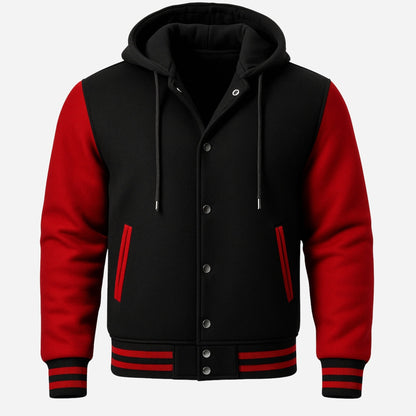 Men’s Black and Red Hooded Varsity Jacket Verified Leather