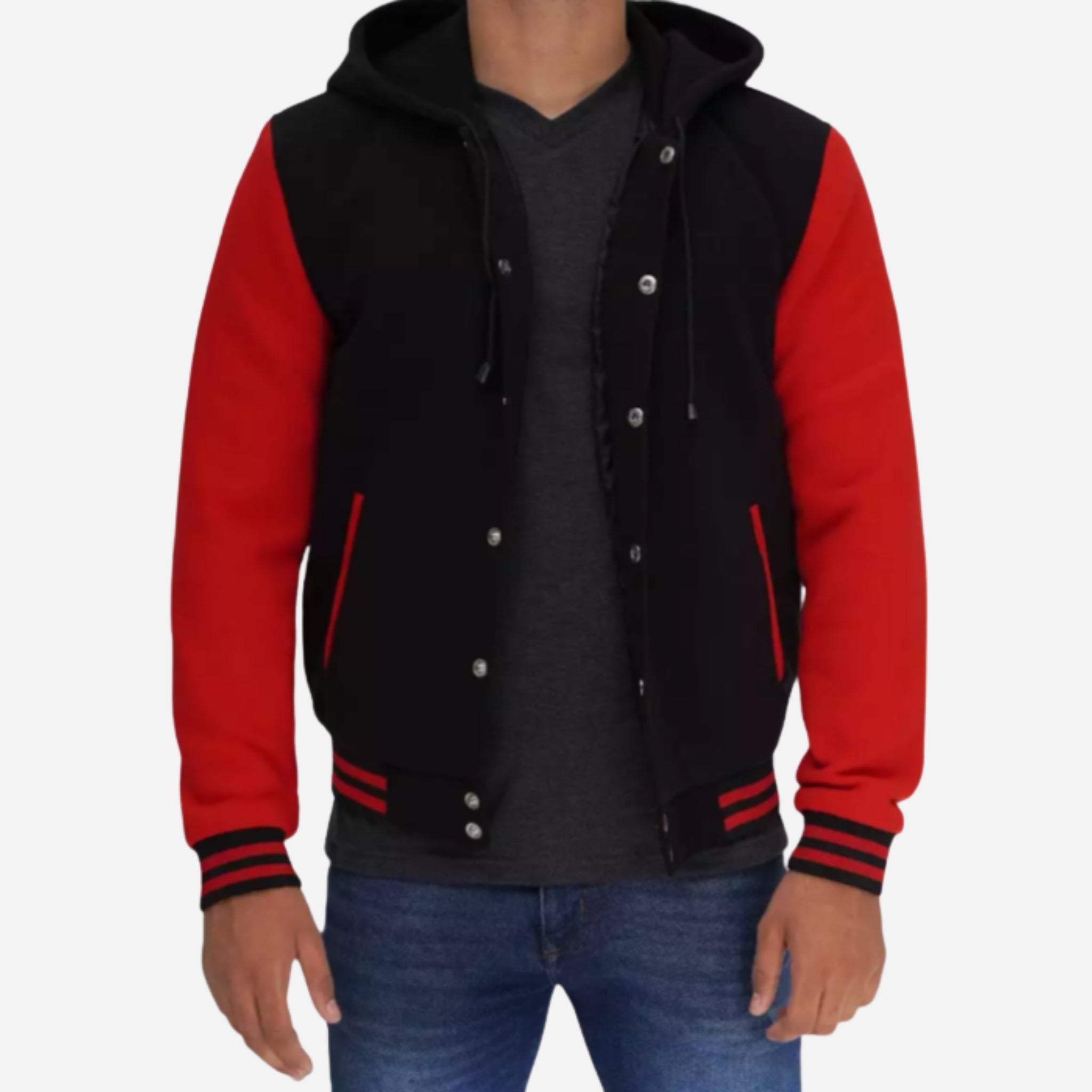 Men’s Black and Red Hooded Varsity Jacket Verified Leather