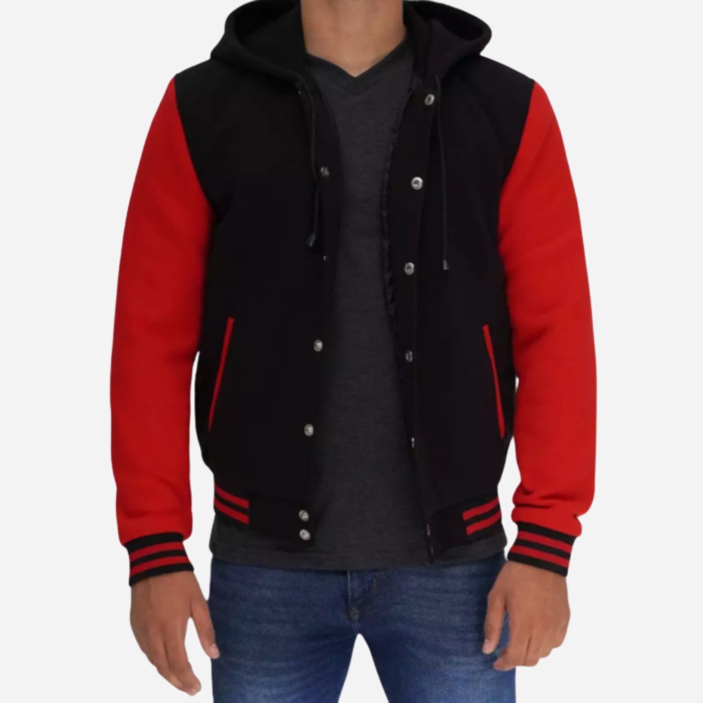 Men’s Black and Red Hooded Varsity Jacket Verified Leather