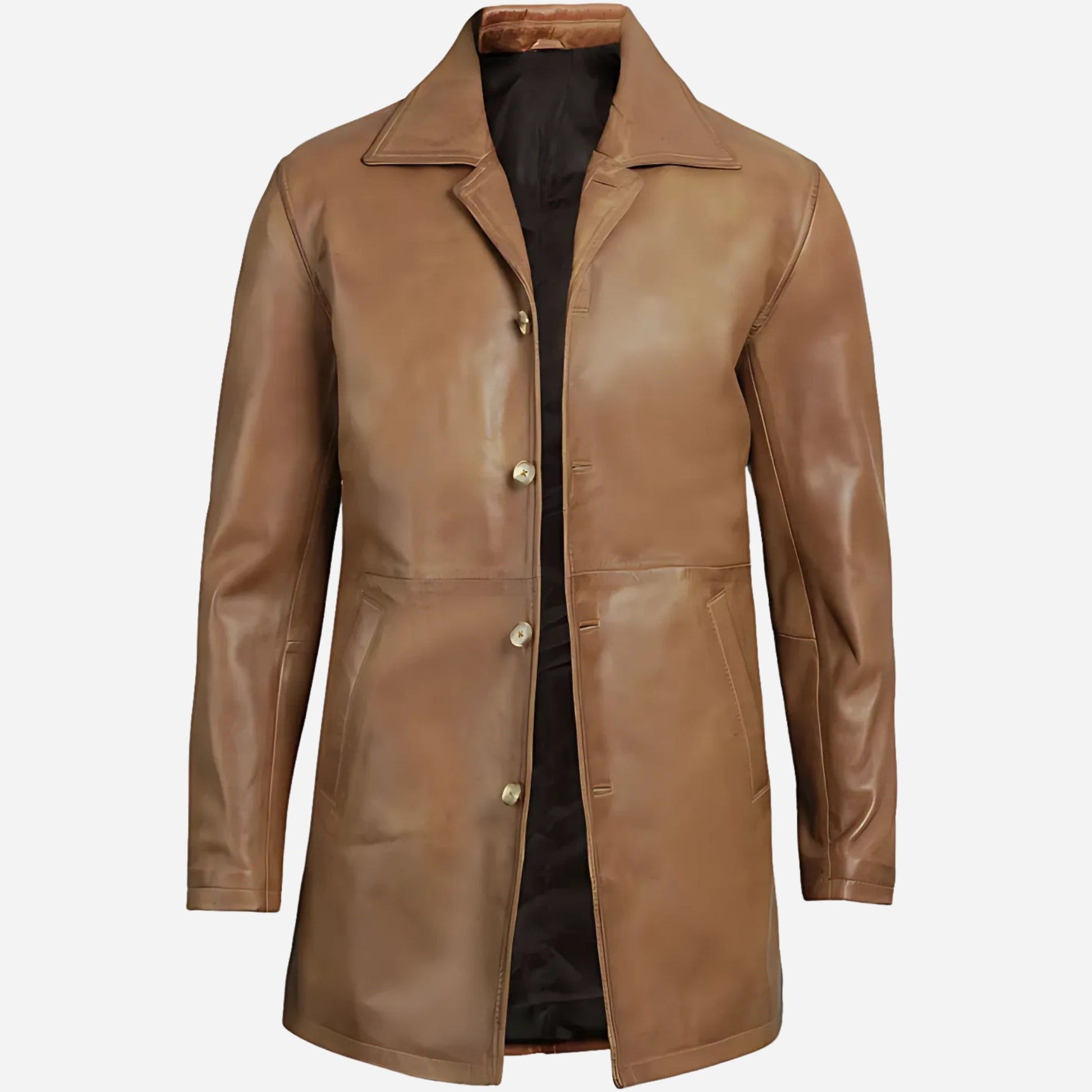 Mens Tall Camel Brown 3/4 Length Leather Coat Verified Leather