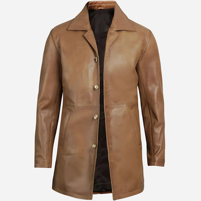 Mens Tall Camel Brown 3/4 Length Leather Coat Verified Leather