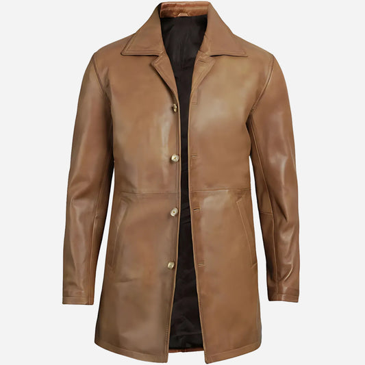 Mens Tall Camel Brown 3/4 Length Leather Coat