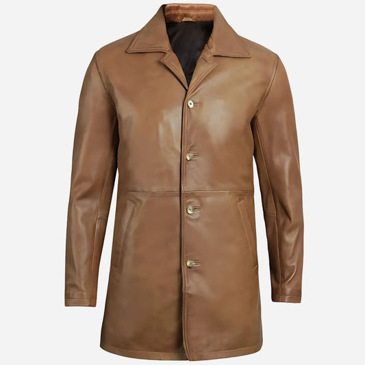 Mens Tall Camel Brown 3/4 Length Leather Coat