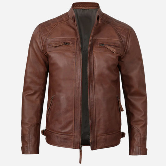 Mens Tall Cognac Cafe Racer Quilted Leather Jacket