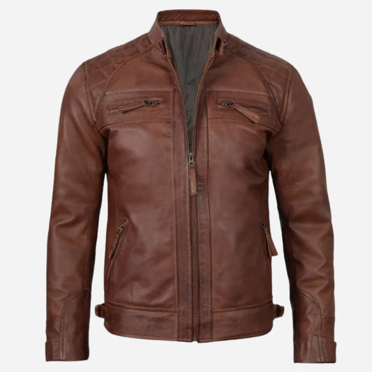 Mens Tall Cognac Cafe Racer Quilted Leather Jacket