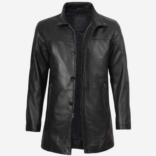 Men's Tall Black Leather Coat – 3/4 Length Coat Verified Leather