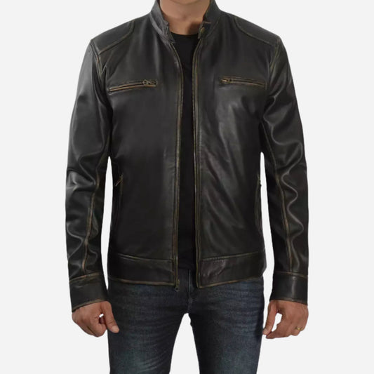 Men's Tall Distressed Brown Cafe Racer Leather Jacket Verified Leather