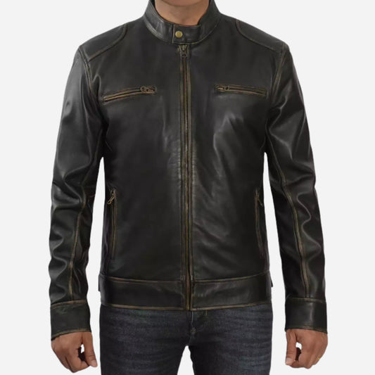 Men's Tall Distressed Brown Cafe Racer Leather Jacket Verified Leather