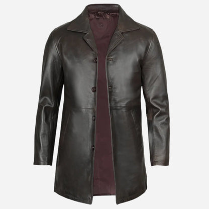 Men's Tall Vintage Dark Brown 3/4 Length Leather Coat