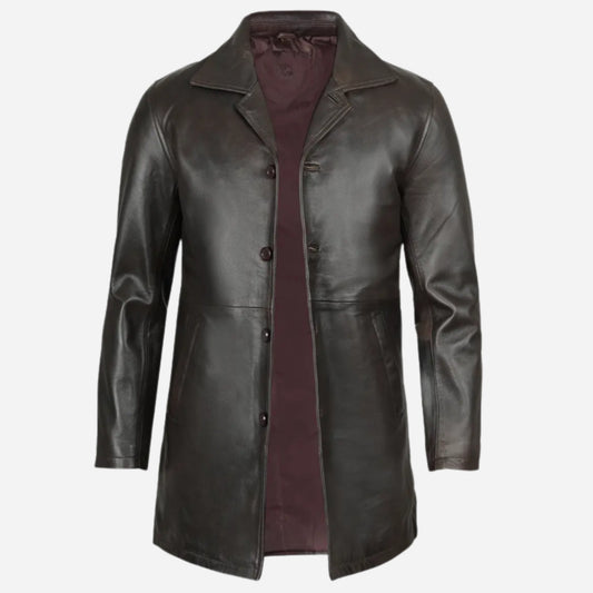 Men's Tall Vintage Dark Brown 3/4 Length Leather Coat