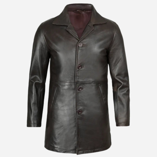 Men's Tall Vintage Dark Brown 3/4 Length Leather Coat