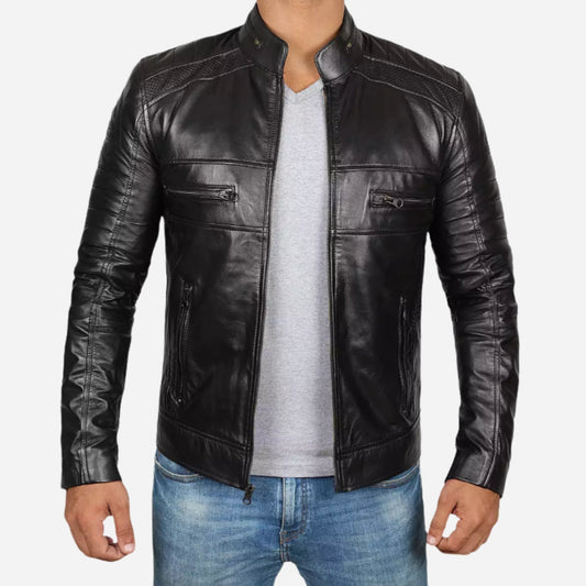 Men's Tall Cafe Racer Black Leather Jacket Verified Leather
