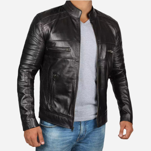 Men's Tall Cafe Racer Black Leather Jacket Verified Leather