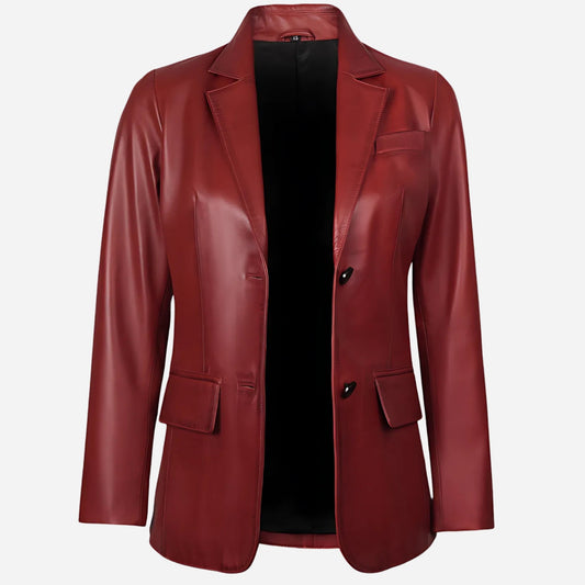 Womens Two Button Red Waxed Leather Blazer Verified Leather