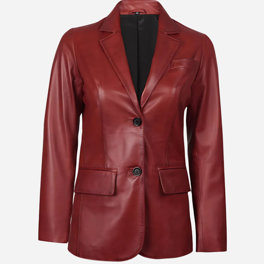 Womens Two Button Red Waxed Leather Blazer Verified Leather