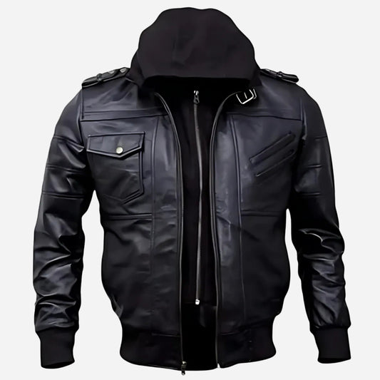 Mens Black Bomber Hooded Leather Jacket Verified Leather