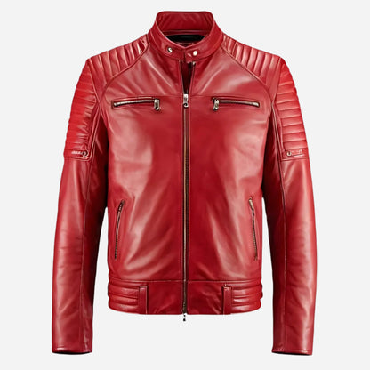 Men's Red Leather Jacket with Zippered Pockets