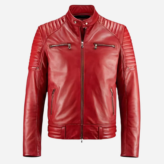 Men's Red Leather Jacket with Zippered Pockets