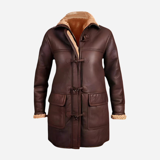 Women Fur Shearling Hooded Leather Duffle Coat