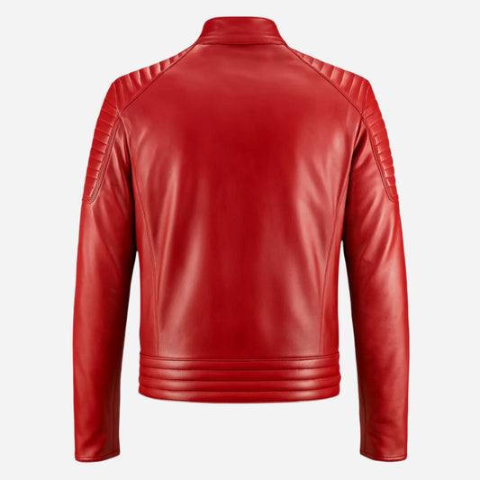 Men's Red Leather Jacket with Zippered Pockets