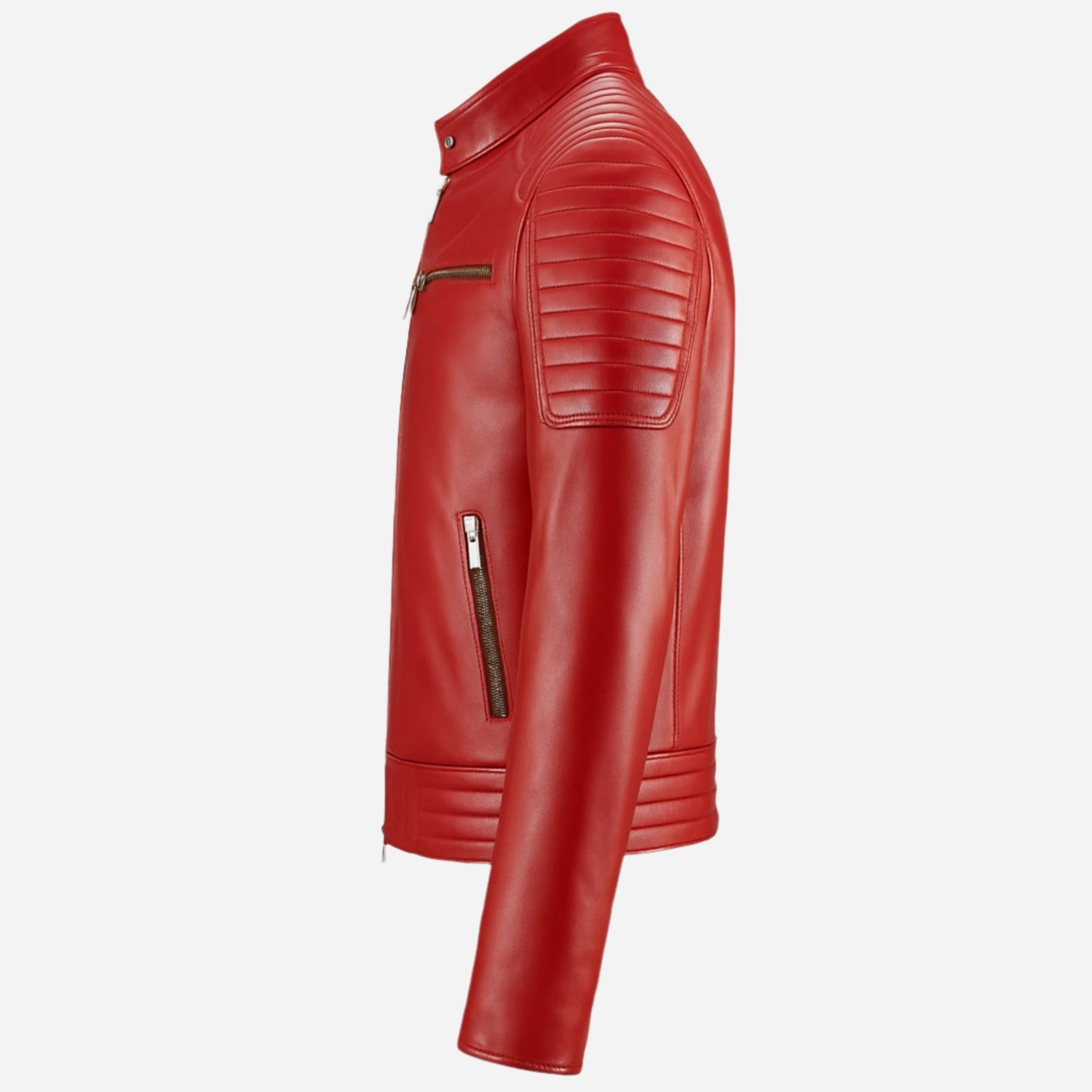 Men's Red Leather Jacket with Zippered Pockets