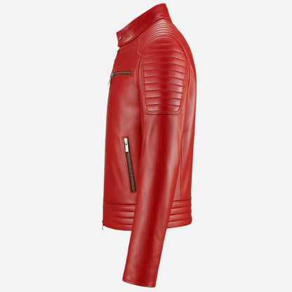 Men's Red Leather Jacket with Zippered Pockets