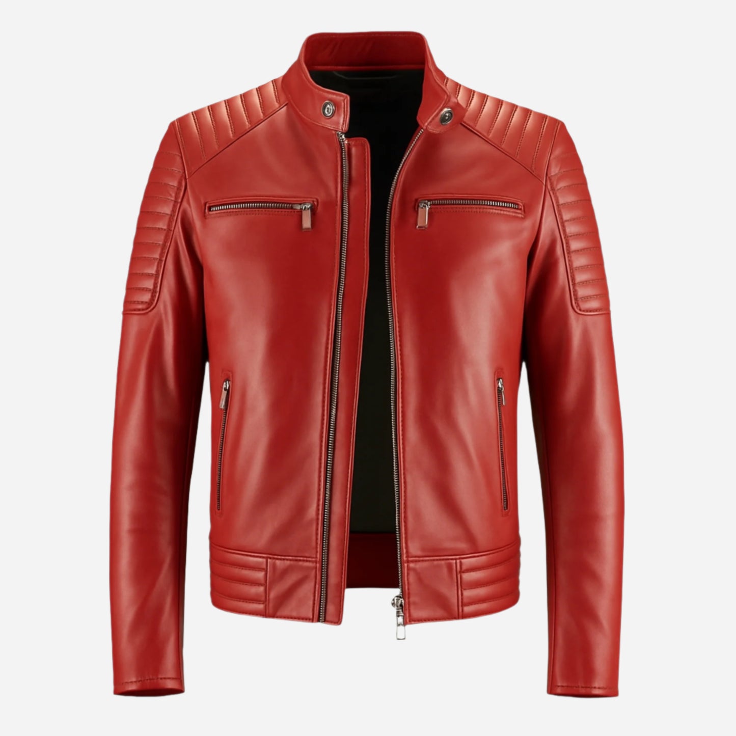 Men's Red Leather Jacket with Zippered Pockets