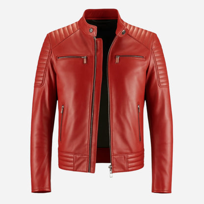 Men's Red Leather Jacket with Zippered Pockets