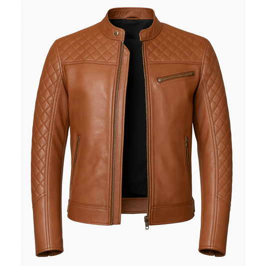 Mens Brown Quilted Leather Motorcycle Jacket