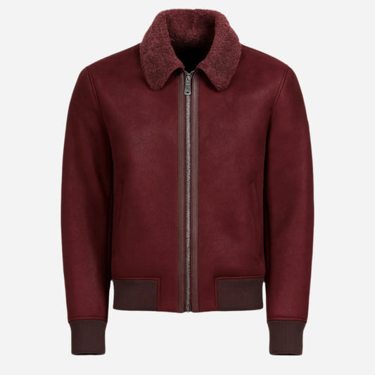 Men's Shearling Bomber Jacket with Faux Fur Collar