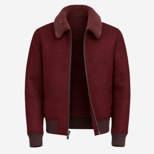Men's Shearling Bomber Jacket with Faux Fur Collar