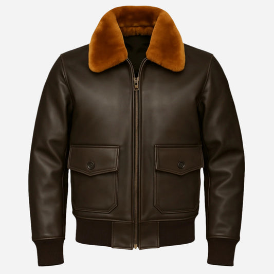 Brown Navy Shearling Collar Leather Jacket