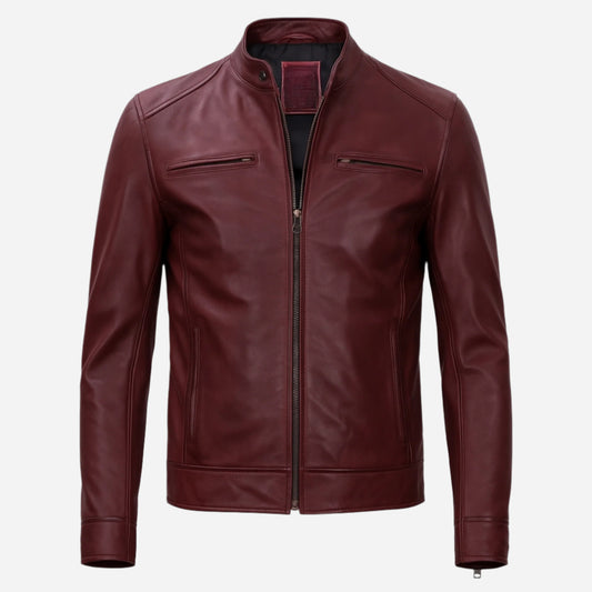 Men's Burgundy Cafe Racer Style Leather Jacket