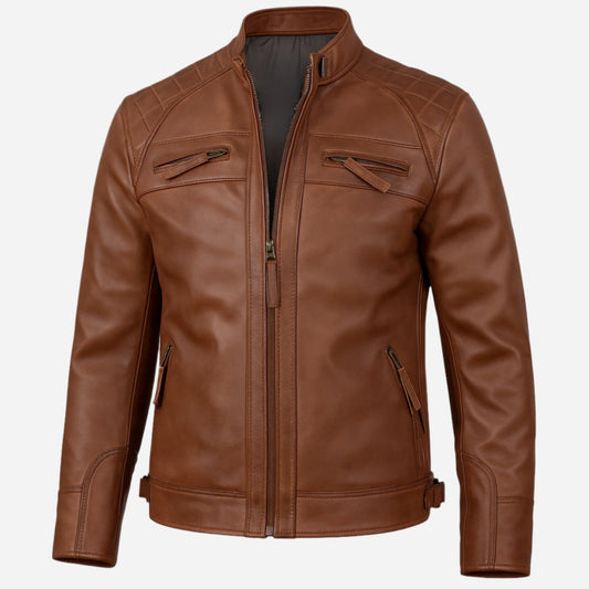 Men's Cognac Leather Cafe Racer Jacket Verified Leather