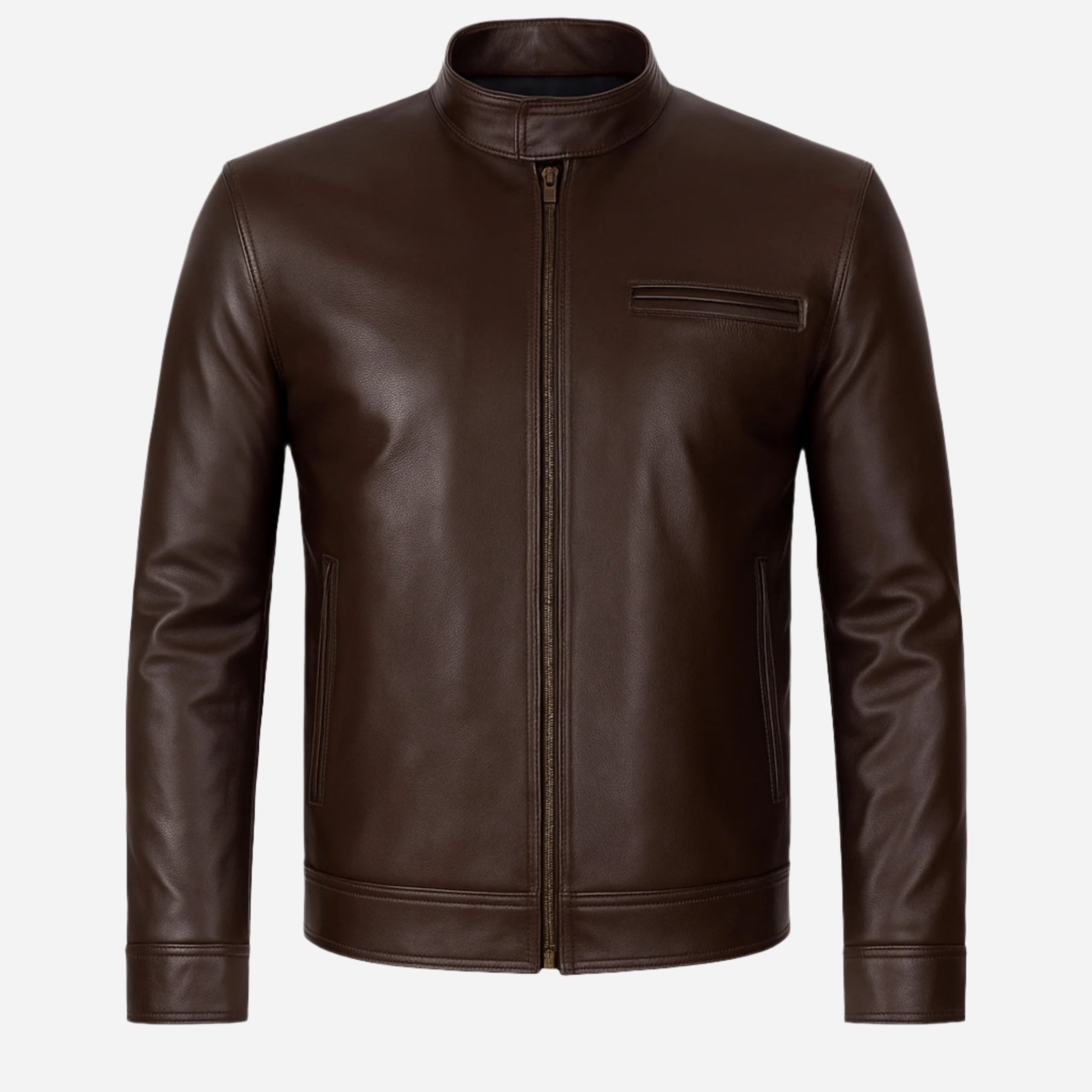 Mens Dark Brown Premium Cowhide Leather Cafe Racer Jacket Verified Leather