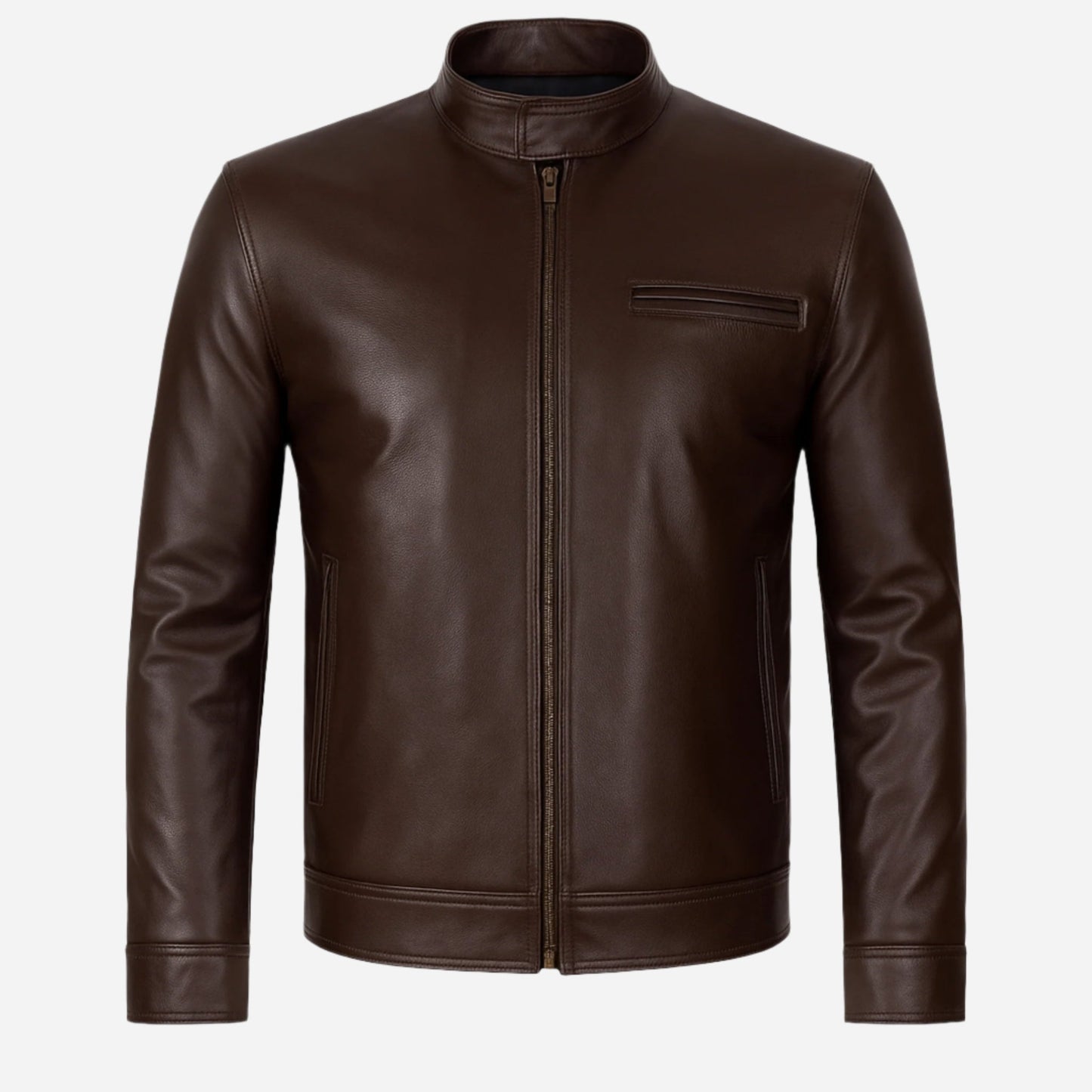 Mens Dark Brown Premium Cowhide Leather Cafe Racer Jacket Verified Leather