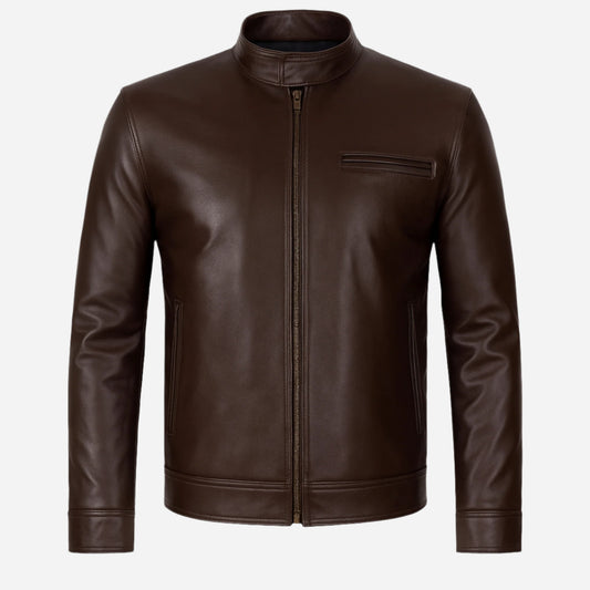 Mens Dark Brown Premium Cowhide Leather Cafe Racer Jacket