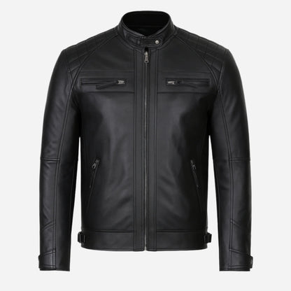 Men's Tall Quilted Shoulder Black Cafe Racer Leather Jacket