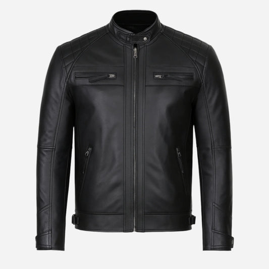 Men's Tall Quilted Shoulder Black Cafe Racer Leather Jacket