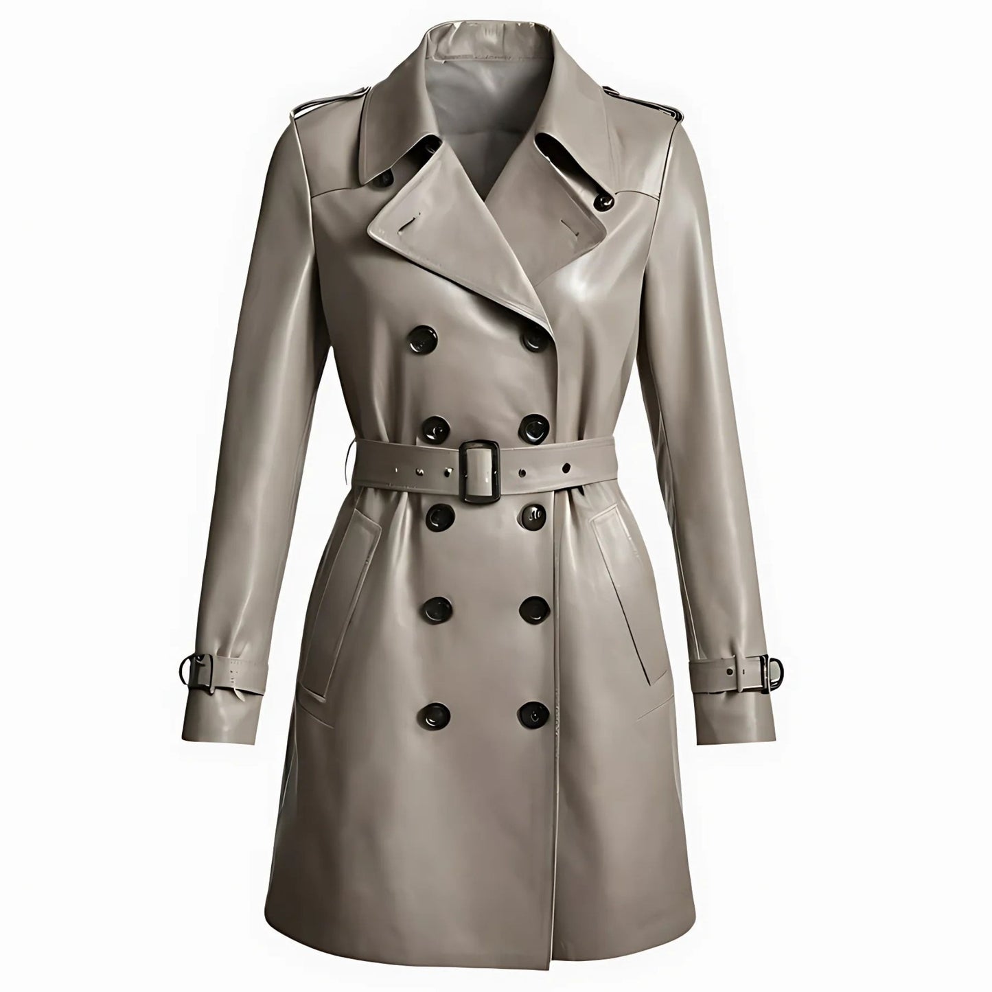 Grey Breasted Women’s Leather Trench Coat Verified Leather