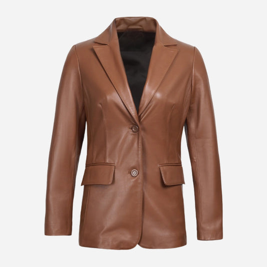 Women's Two Button Classic Cognac Leather Blazer Verified Leather