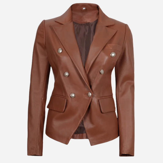 Womens Double Breasted Cognac Leather Blazer Verified Leather