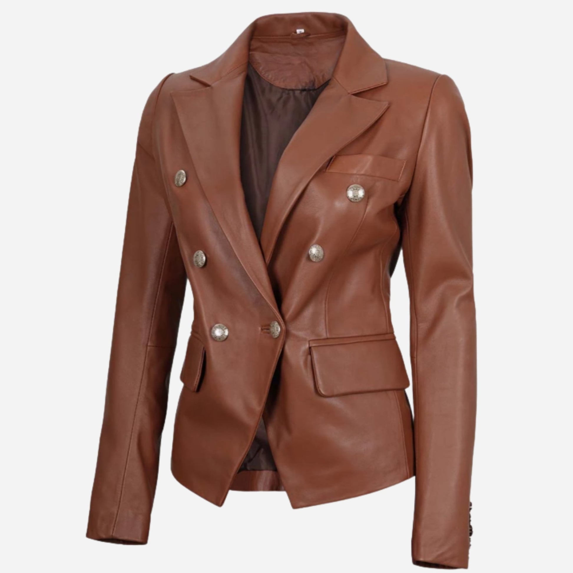 Womens Double Breasted Cognac Leather Blazer Verified Leather