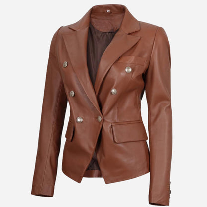 Womens Double Breasted Cognac Leather Blazer Verified Leather