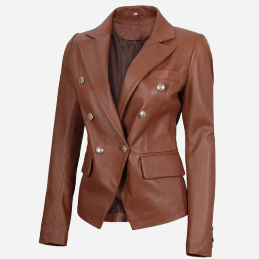 Womens Double Breasted Cognac Leather Blazer Verified Leather