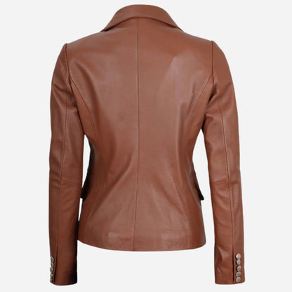 Womens Double Breasted Cognac Leather Blazer Verified Leather