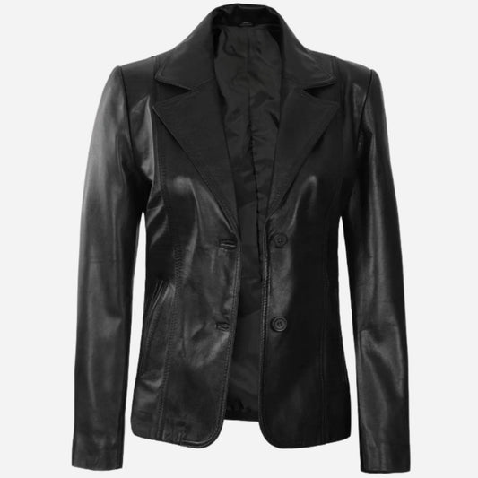 Womens Two Button Black Premium Leather Blazer Verified Leather